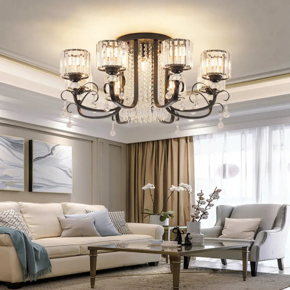 DecorBites™ DecorBites™ Modern Crystal Semi Flush Ceiling Light - Black Arc Arm Chandelier with Cylindrical Shade