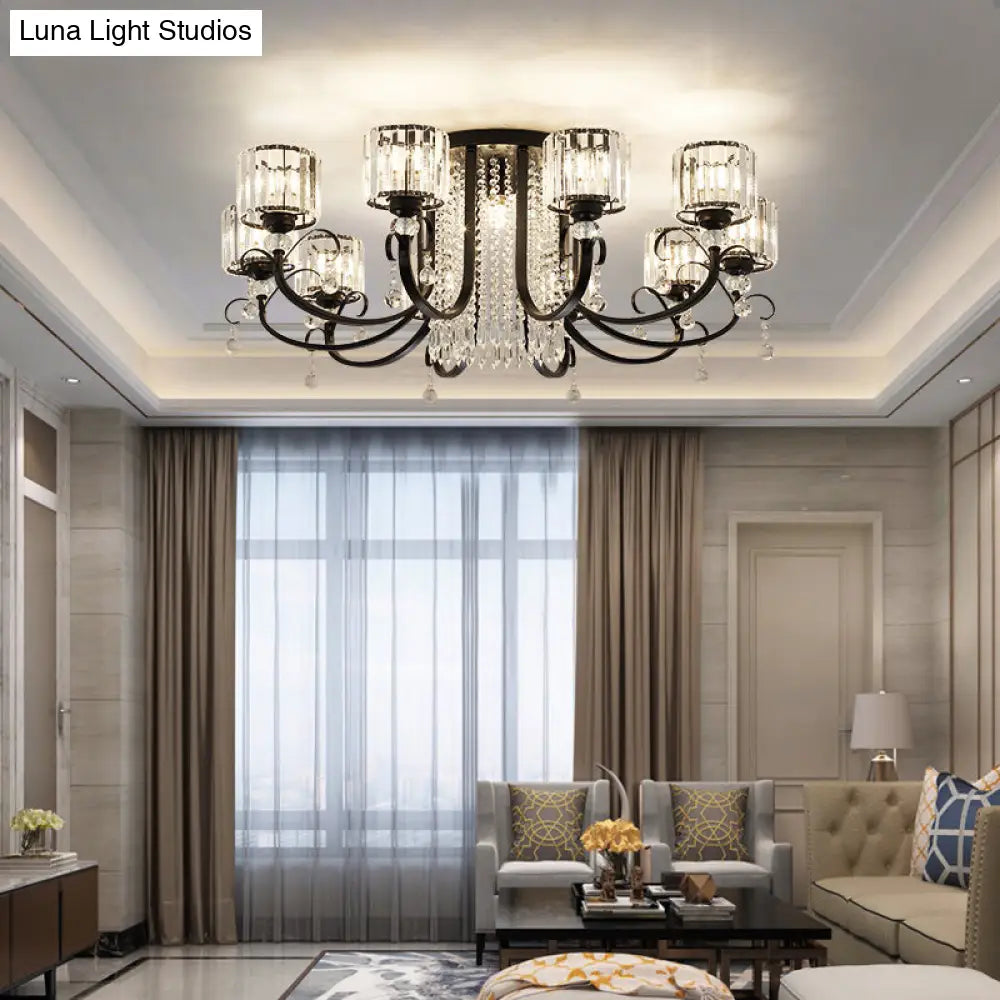 DecorBites™ DecorBites™ Modern Crystal Semi Flush Ceiling Light - Black Arc Arm Chandelier with Cylindrical Shade