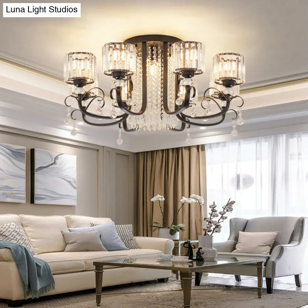 DecorBites™ DecorBites™ Modern Crystal Semi Flush Ceiling Light - Black Arc Arm Chandelier with Cylindrical Shade