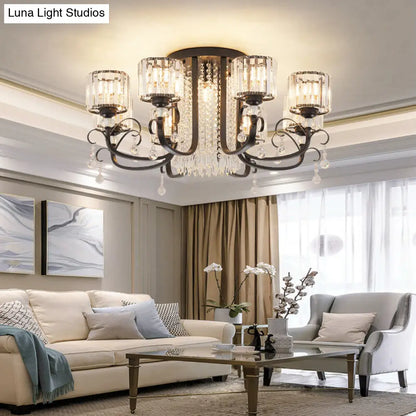 DecorBites™ DecorBites™ Modern Crystal Semi Flush Ceiling Light - Black Arc Arm Chandelier with Cylindrical Shade