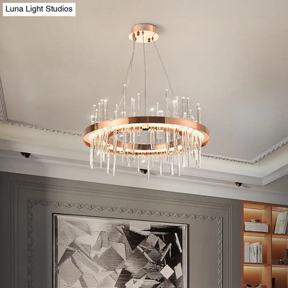 Lámpara de techo colgante circular moderna con tira de cristal y luces LED - Oro rosa para dormitorio
