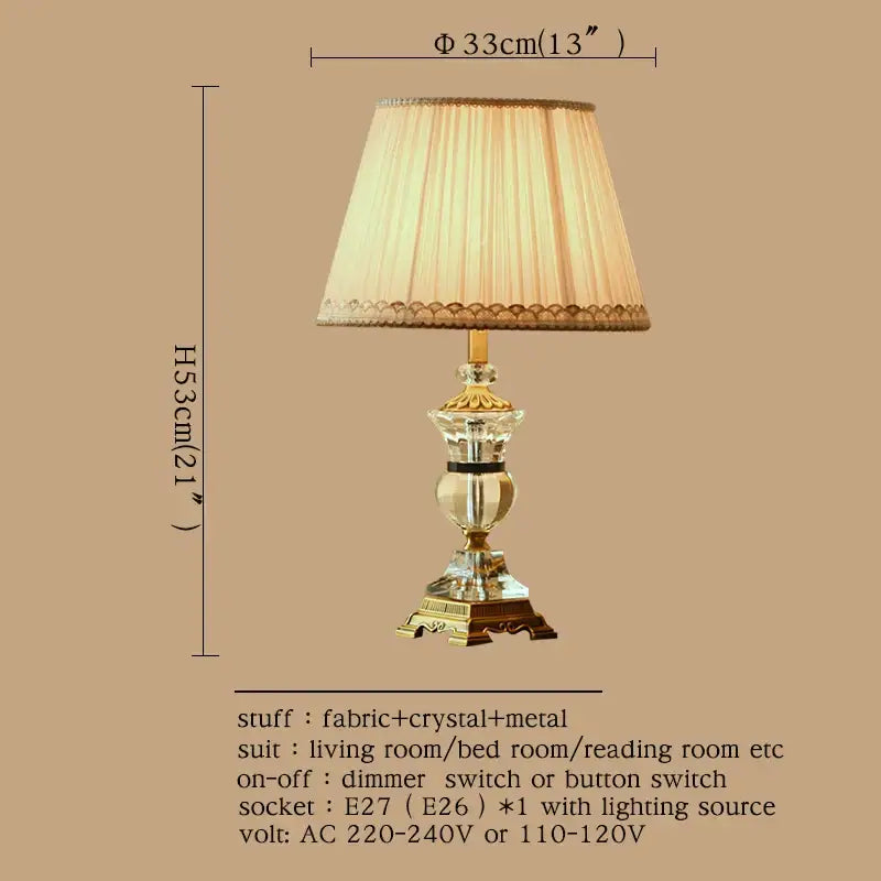 Elegant decorbites crystal table lamp with brass base and cream pleated fabric shade for modern bedroom decor