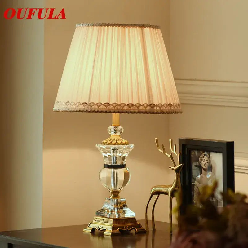 Elegant decorbites crystal table lamp with gold tone base and cream lace pleated fabric shade for bedroom decor
