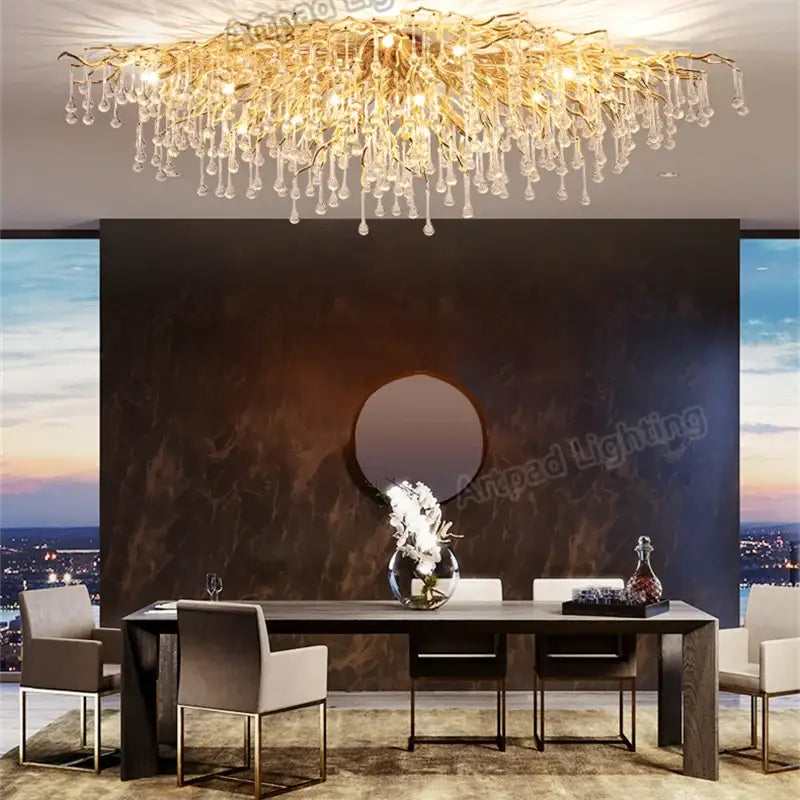 Modern crystal teardrop gold chandelier with golden branch design and dangling crystal droplets for elegant living room decorbites crystal teardrop