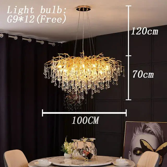 Modern crystal teardrop gold chandelier with golden branch design and dangling crystal droplets for elegant living room decorbites crystal teardrop