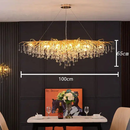 Modern crystal teardrop gold chandelier with golden branch design and dangling crystal droplets for elegant living room decorbites