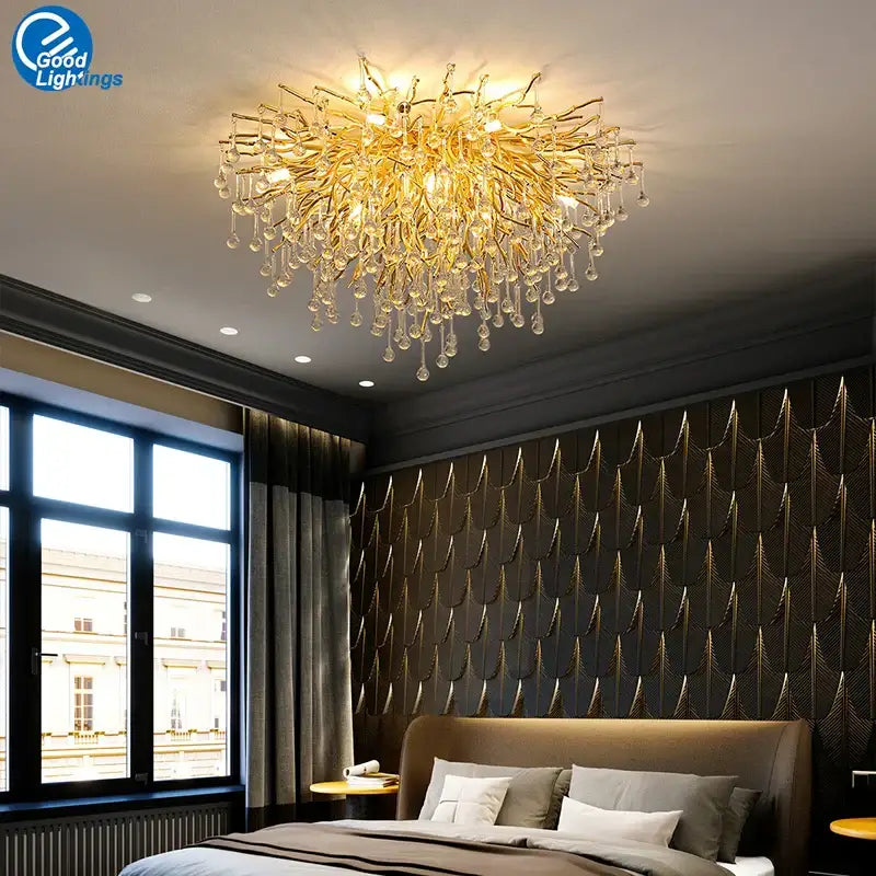 Modern crystal teardrop gold chandelier with golden branch design and crystal droplets for elegant living room decorbites crystal teardrop