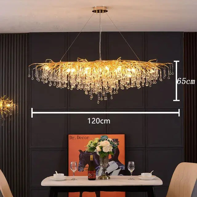 Modern crystal teardrop gold chandelier with golden branch design and dangling crystal droplets for elegant living room decorbites crystal teardrop