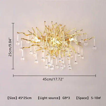 Modern crystal teardrop gold chandelier with intricate branching arms and dangling crystal teardrop gold decorbites design