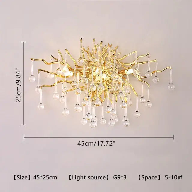 Modern crystal teardrop gold chandelier with intricate branching arms and dangling crystal teardrop gold decorbites design