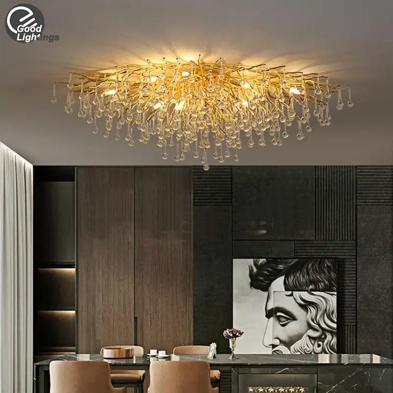 Modern crystal teardrop gold chandelier with branching arms and dangling crystals for elegant living room decorbites crystal teardrop