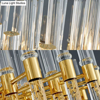 Lámpara de araña ovalada dorada moderna de 5 luces con tubo de cristal para sala de estar