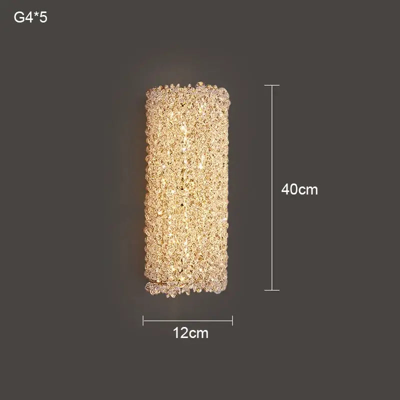 Modern crystal wall lamp featuring a 40cm tall rectangular gold sconce with textured decorbites crystal wall design