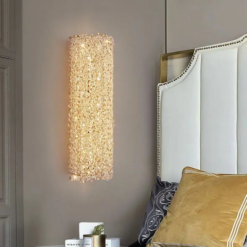 Modern crystal wall lamp rectangular gold sconce with clear crystals emitting warm golden glow for bedroom decorbites wall lamp