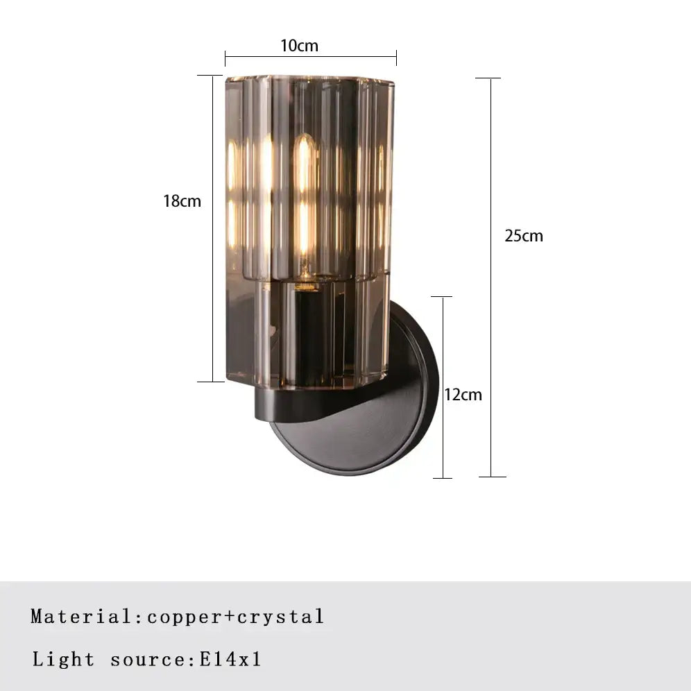 A modern crystal wall lamp with a cylindrical shade and black copper base for elegant bedroom decorbites wall lamp