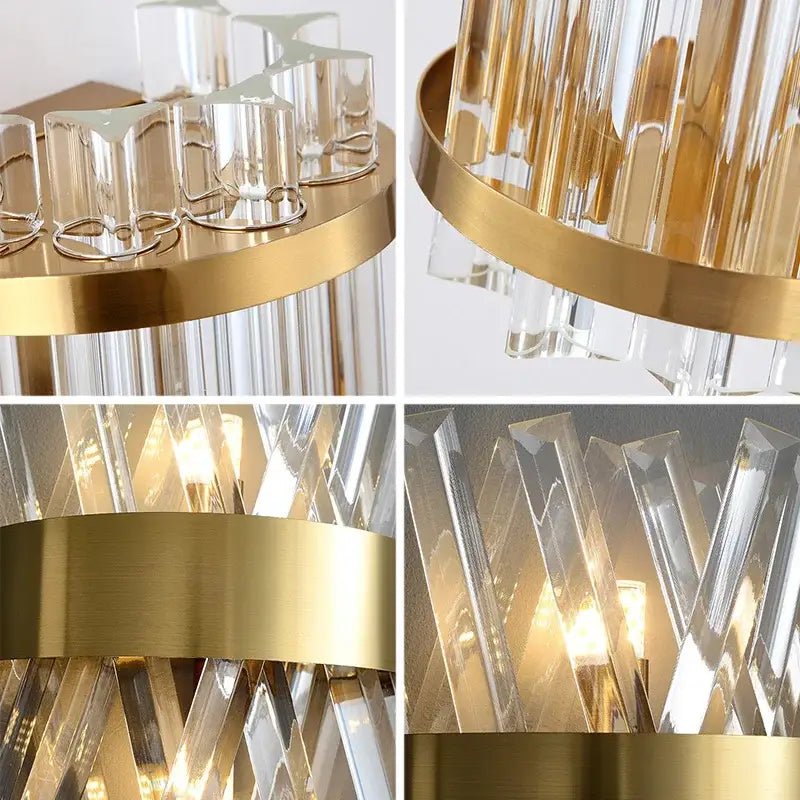Modern crystal wall lamp with brushed gold metal frame and clear faceted crystal prisms for living room decorbites wall lamp