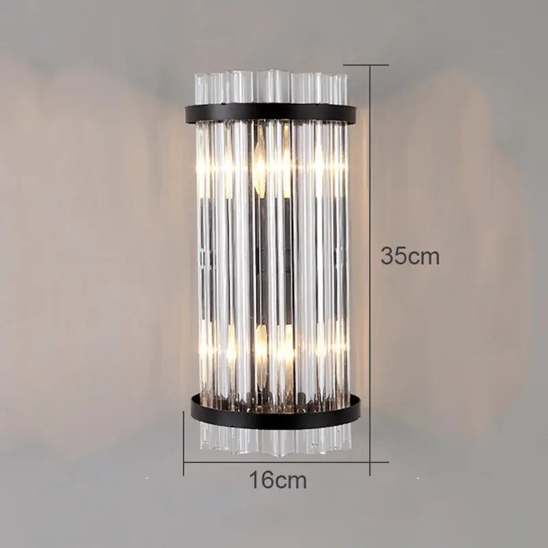 Modern crystal wall lamp featuring vertical clear glass tubes framed by black metal bands for living room decorbites crystal wall lamp
