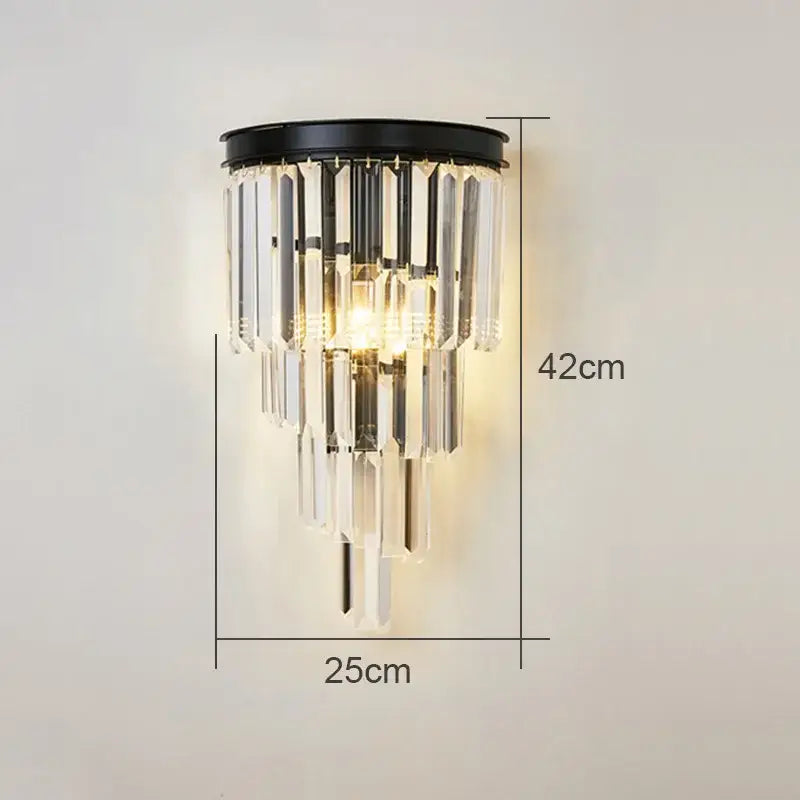 A modern black and clear crystal wall lamp with cascading vertical prisms for living room decorbites crystal wall lamp
