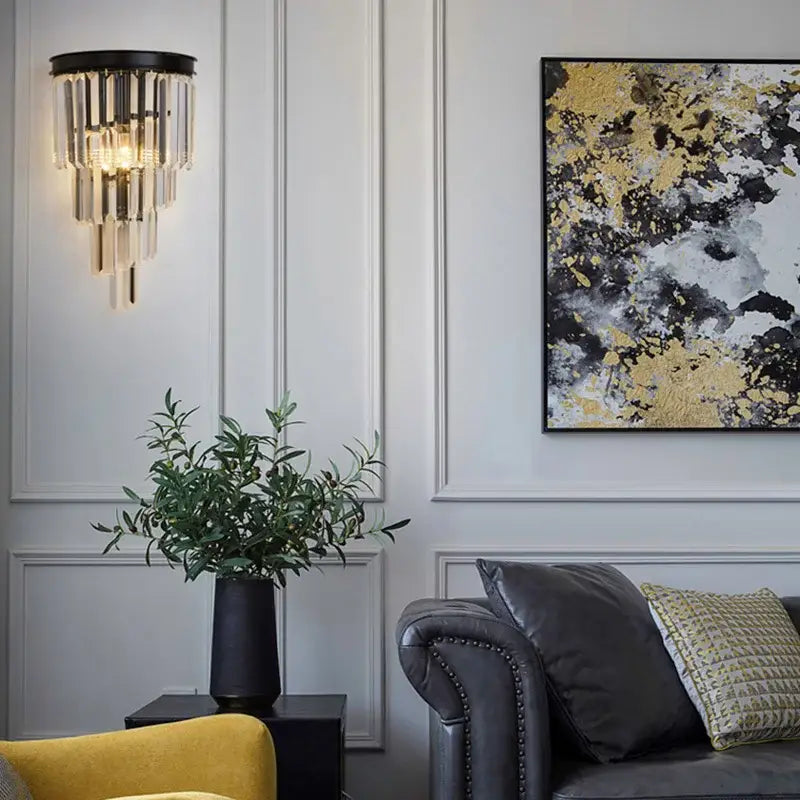 Modern black crystal wall lamp with cascading design featured in decorbites crystal wall lamp for living room decor