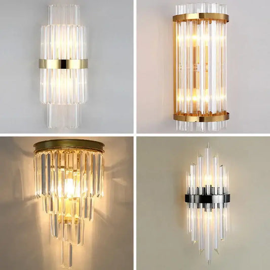 Modern crystal wall lamp with clear glass tubes and gold and chrome metal frame for elegant living room decorbites wall lamp
