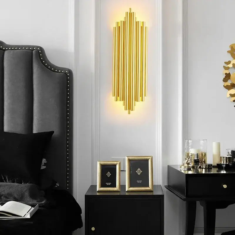 Modern crystal wall lamp gold wall lamp with vertical cylindrical tubes in a symmetrical radiating pattern for living room decorbites crystal wall