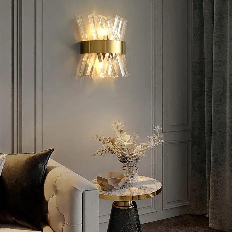 Gold-toned decorbites crystal wall lamp with clear faceted crystal rods for modern living room wall lamp decor