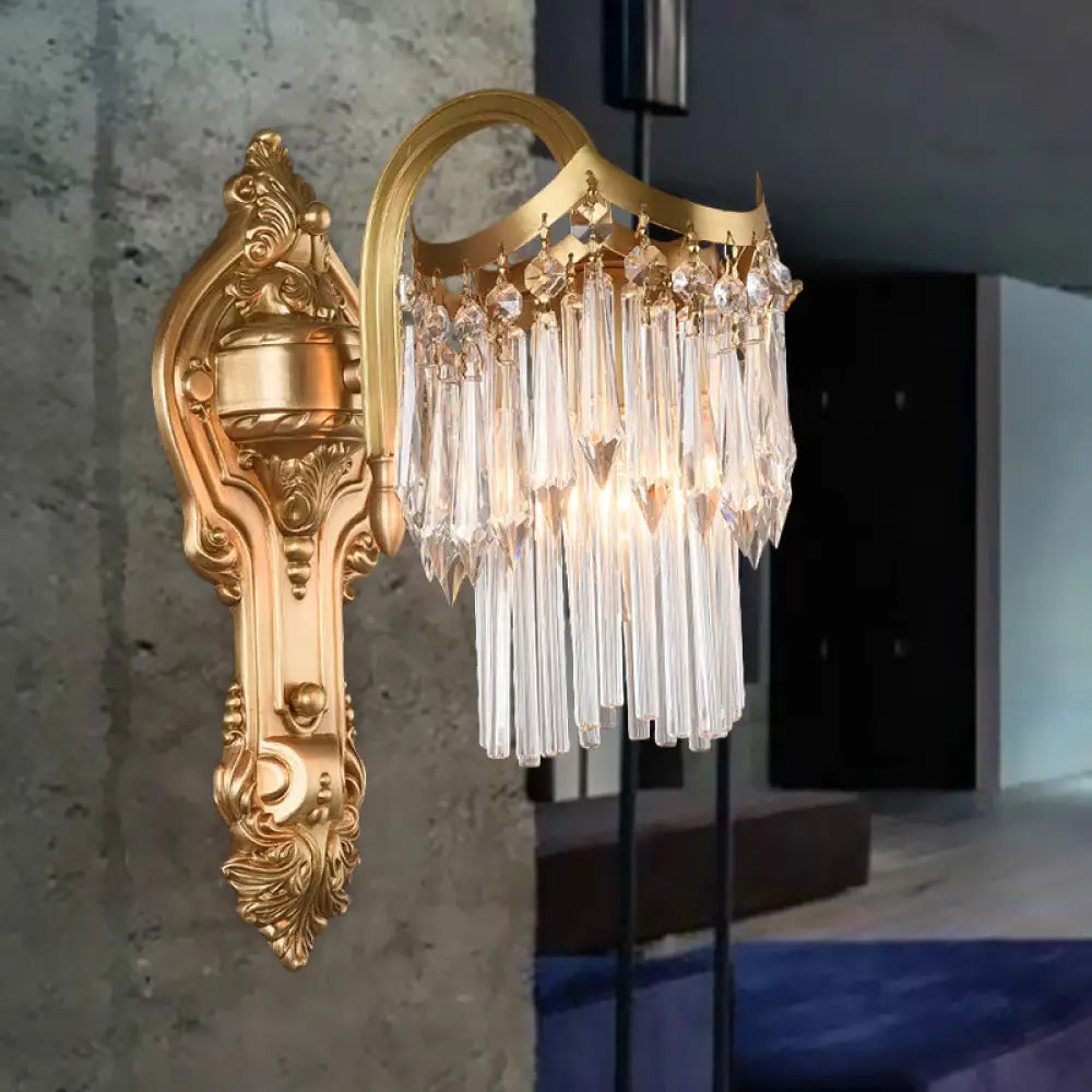 DecorBites™ DecorBites™ Modern Crystal Wall Sconce with Brass Finish and Carved Backplate - 2 Tiers, Single Light - Ideal for Bedrooms
