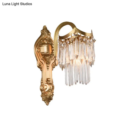 DecorBites™ DecorBites™ Modern Crystal Wall Sconce with Brass Finish and Carved Backplate - 2 Tiers, Single Light - Ideal for Bedrooms