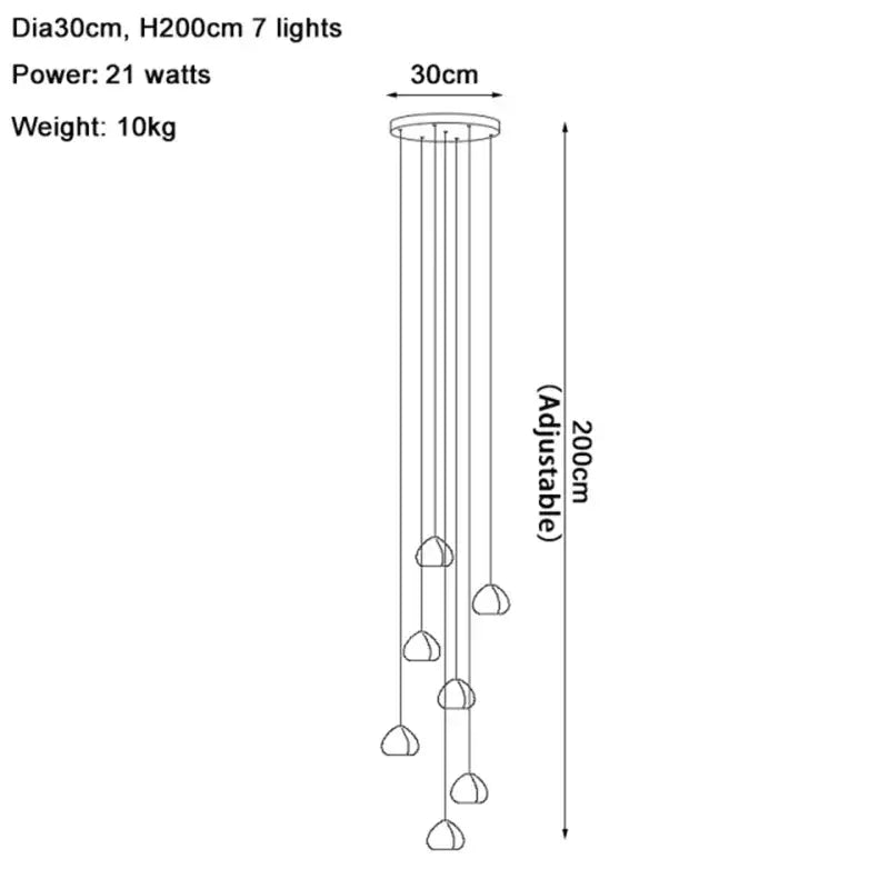 Modern crystal water droplet chandelier 200cm tall with seven spherical lights suspended from circular mount