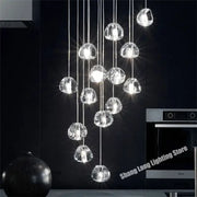 Modern crystal water droplet chandelier with clear glass orbs and sleek metallic cords for elegant staircase decorbites crystal water