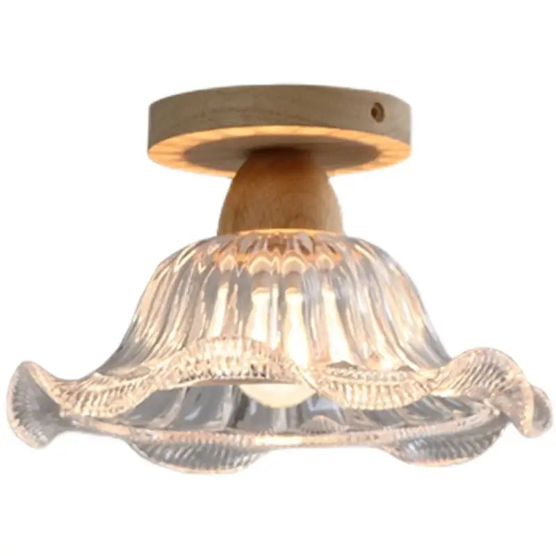 Modern crystal wood led ceiling lamp with clear ribbed glass lampshade and wooden mounting base for decorbites crystal wood decor