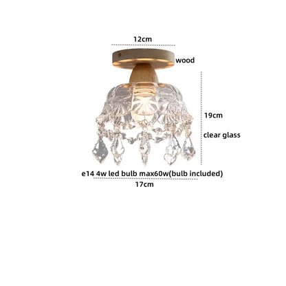 A modern crystal wood led ceiling lamp with a wooden base and dangling faceted crystals for bedroom decorbites crystal wood