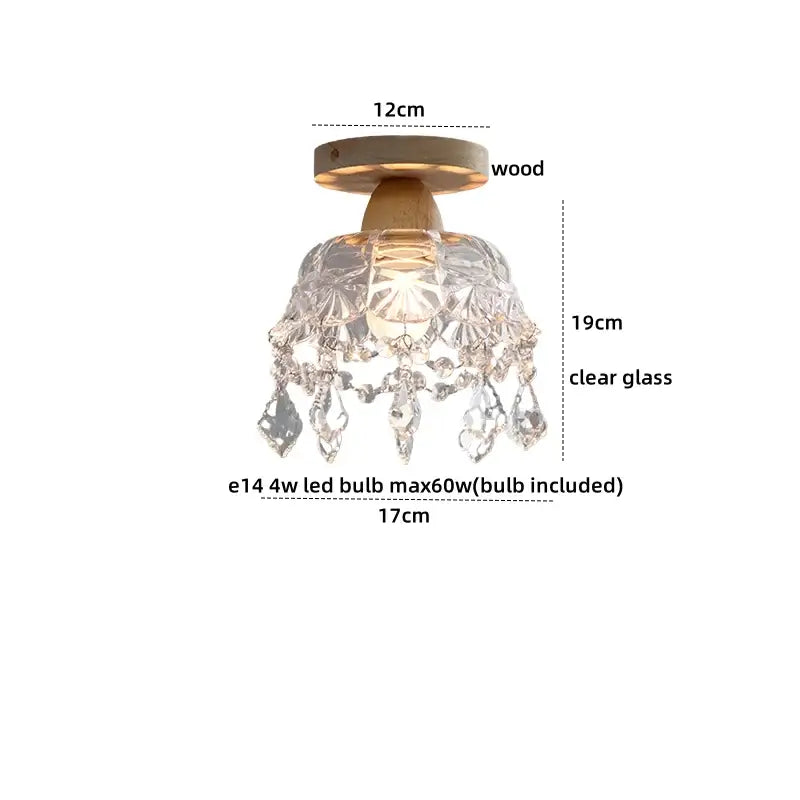 A modern crystal wood led ceiling lamp with a wooden base and dangling faceted crystals for bedroom decorbites crystal wood