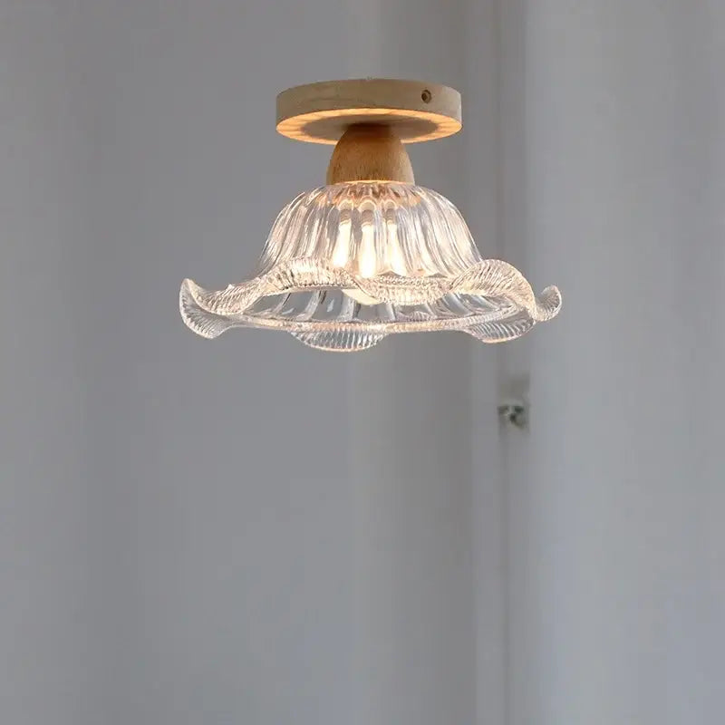 Modern crystal wood led ceiling lamp with clear ribbed glass lampshade and wooden mount for bedroom decorbites crystal wood