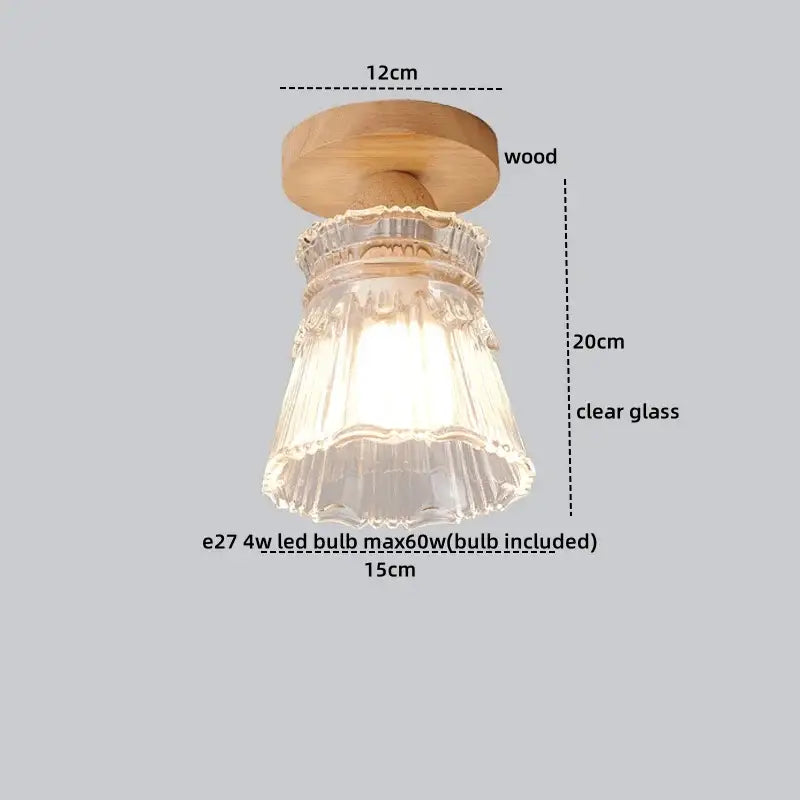 Modern crystal wood led ceiling lamp with rustic natural wood base and clear fluted glass shade for bedroom decorbites crystal wood