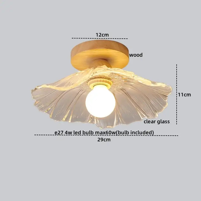 Modern crystal wood led ceiling lamp with a warm-toned wooden frame and clear petal-shaped glass shade by decorbites crystal wood