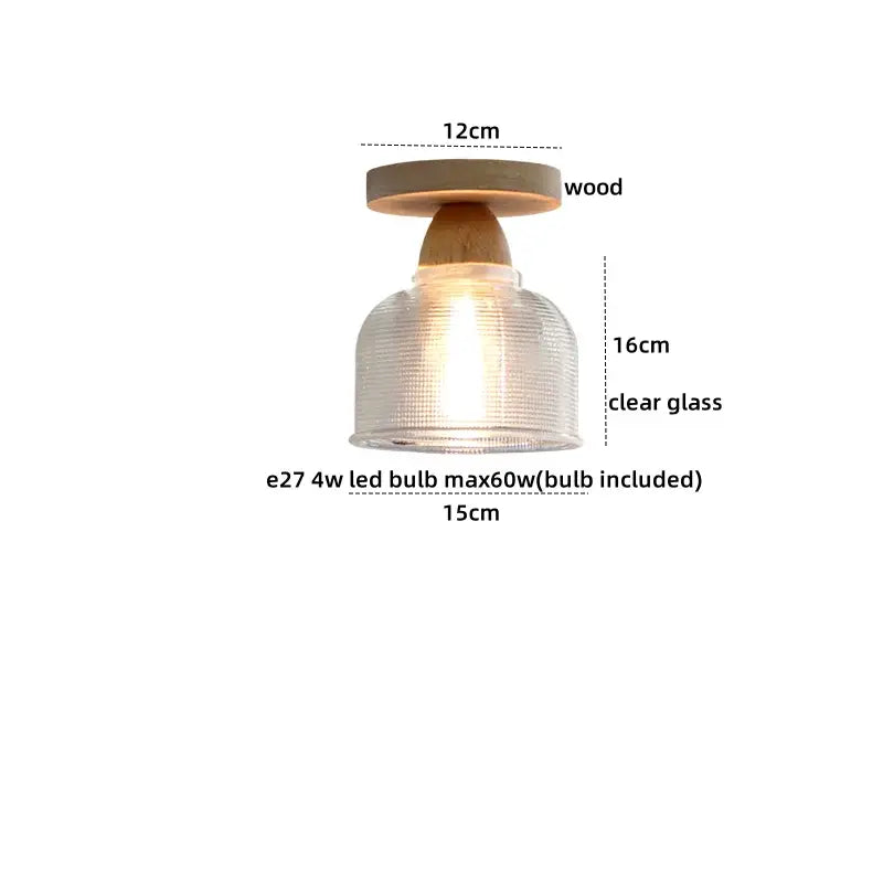 Modern crystal wood led ceiling lamp with warm-toned light natural wood base and clear textured glass shade decorbites crystal wood