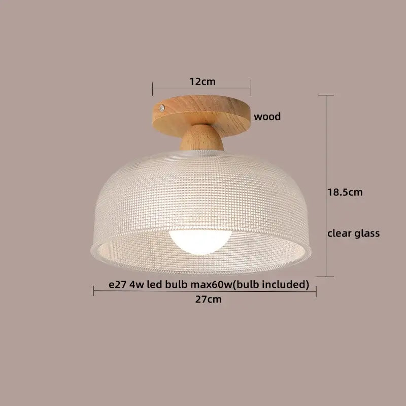 A warm-toned wooden ceiling lamp with clear glass dome and woven texture featuring decorbites crystal wood led design