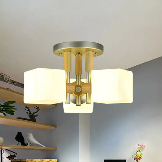 DecorBites™ DecorBites™ Modern Cube 3-Light Glass & Wood Ceiling Lamp