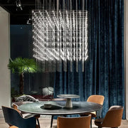 Modern cube led chandelier by decorbites features a metallic grid structure with sparkling led lights for luxury decor