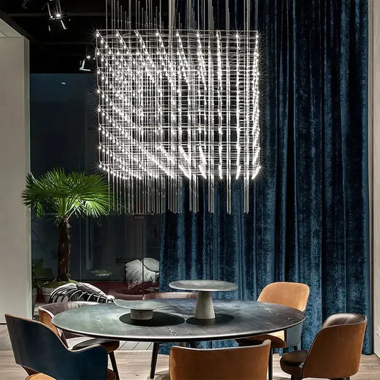 Modern cube led chandelier by decorbites features a metallic grid structure with sparkling led lights for luxury decor