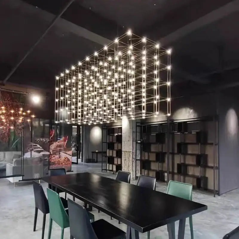 Modern cube led chandelier by decorbites features a geometric metal grid with bright white led lights for luxury spaces