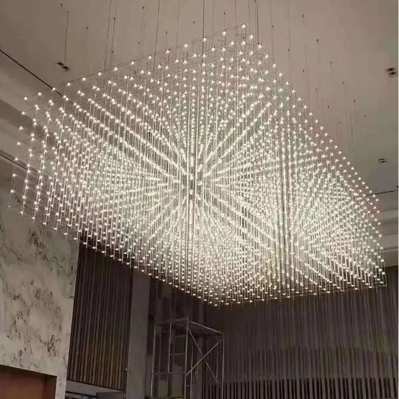 Modern cube led chandelier by decorbites features a square grid of glowing white led lights for luxury dining room decor