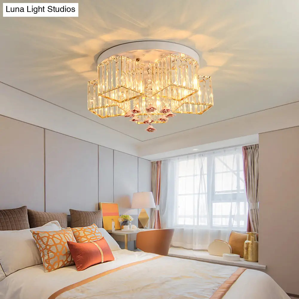 DecorBites™ DecorBites™ Modern Cubic Flush Mount Crystal Ceiling Light with Pink Rose Draping - 19.5"/23.5" Dia - 5/6 Heads - Living Room