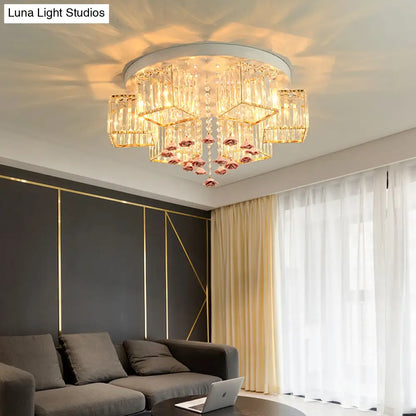 DecorBites™ DecorBites™ Modern Cubic Flush Mount Crystal Ceiling Light with Pink Rose Draping - 19.5"/23.5" Dia - 5/6 Heads - Living Room