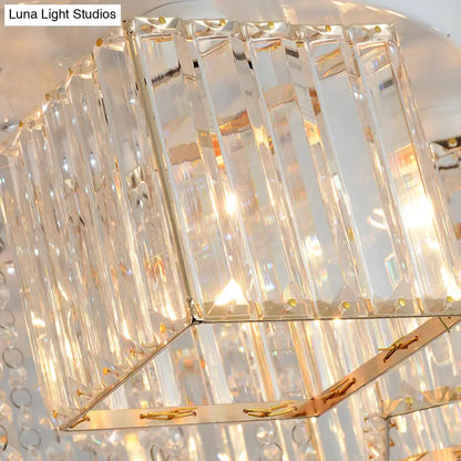 DecorBites™ DecorBites™ Modern Cubic Flush Mount Crystal Ceiling Light with Pink Rose Draping - 19.5"/23.5" Dia - 5/6 Heads - Living Room