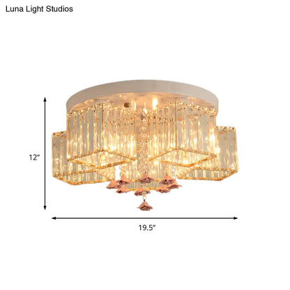 DecorBites™ DecorBites™ Modern Cubic Flush Mount Crystal Ceiling Light with Pink Rose Draping - 19.5"/23.5" Dia - 5/6 Heads - Living Room