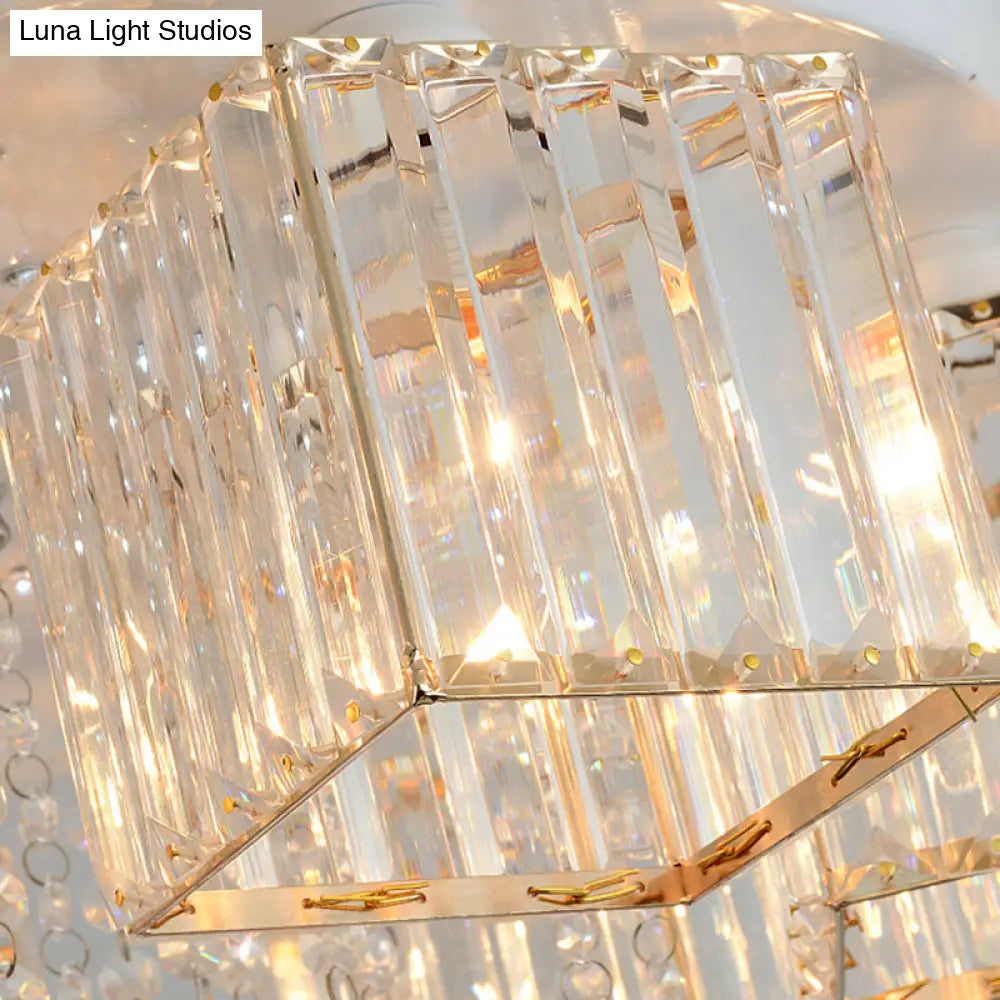 DecorBites™ DecorBites™ Modern Cubic Flush Mount Crystal Ceiling Light with Pink Rose Draping - 19.5"/23.5" Dia - 5/6 Heads - Living Room