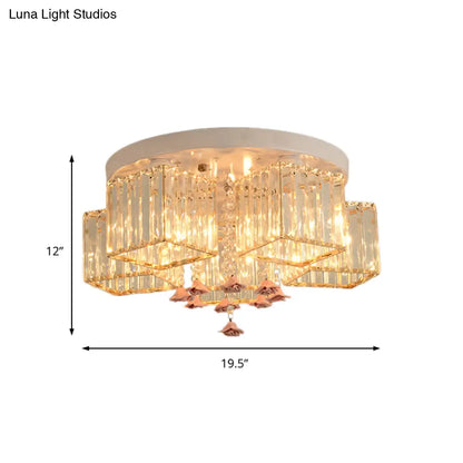 DecorBites™ DecorBites™ Modern Cubic Flush Mount Crystal Ceiling Light with Pink Rose Draping - 19.5"/23.5" Dia - 5/6 Heads - Living Room