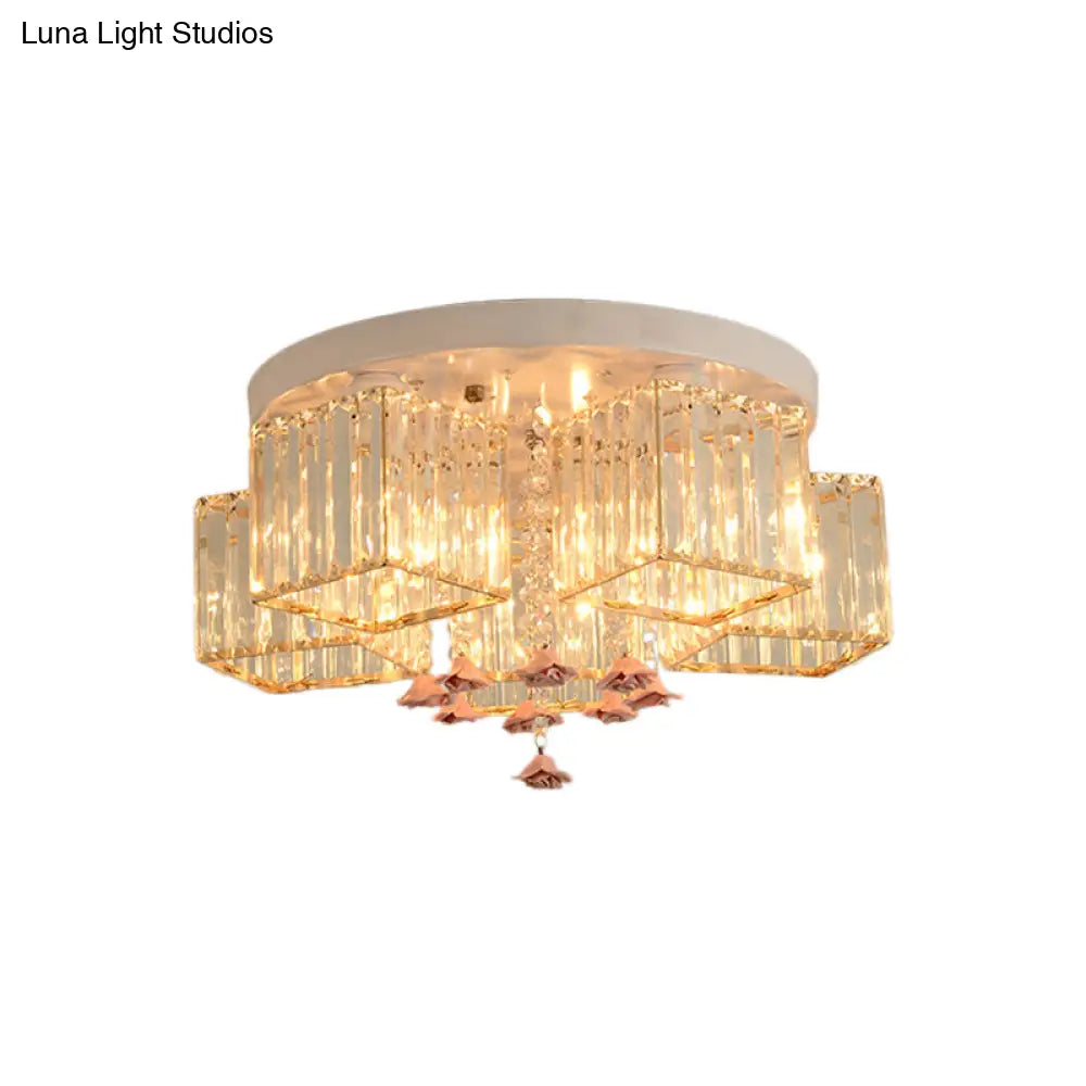 DecorBites™ DecorBites™ Modern Cubic Flush Mount Crystal Ceiling Light with Pink Rose Draping - 19.5"/23.5" Dia - 5/6 Heads - Living Room